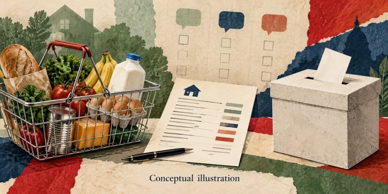 Conceptual illustration of groceries, a household budget sheet and a neutral ballot box representing economic concerns before a U.S. election.