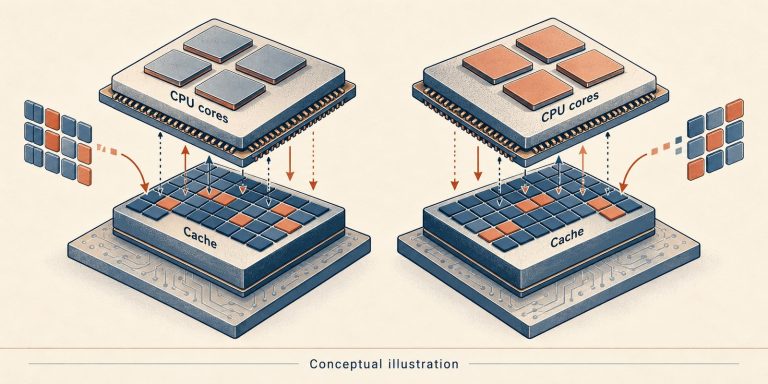 Conceptual illustration of cache layers beneath two groups of CPU cores, explaining data locality; not an authenticated view of an AMD processor.