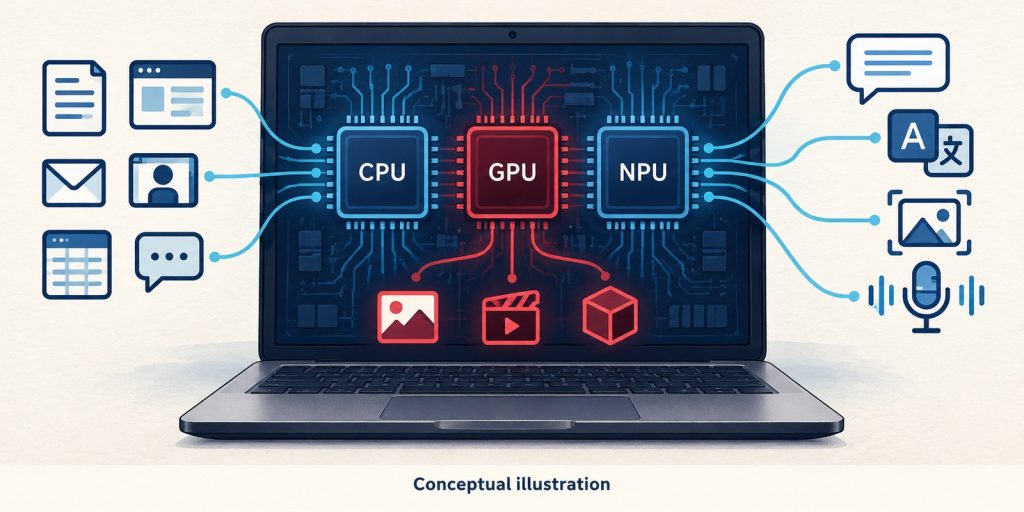 Conceptual illustration of CPU, GPU and NPU handling different tasks in a generic laptop; not an actual AMD circuit layout.
