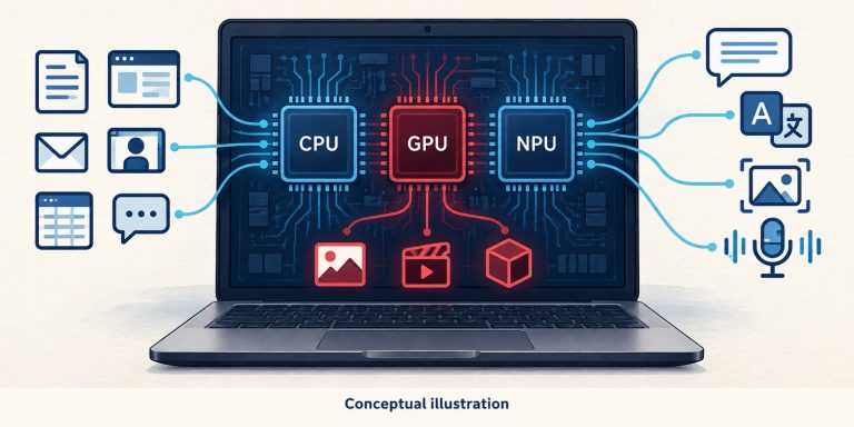 Conceptual illustration of CPU, GPU and NPU handling different tasks in a generic laptop; not an actual AMD circuit layout.