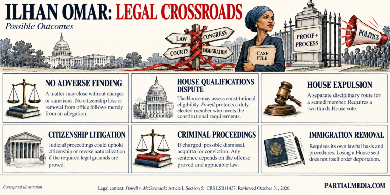 Conceptual illustration of Ilhan Omar at legal crossroads with six possible outcomes, proof and process imagery, and PARTIALMEDIA.COM branding.