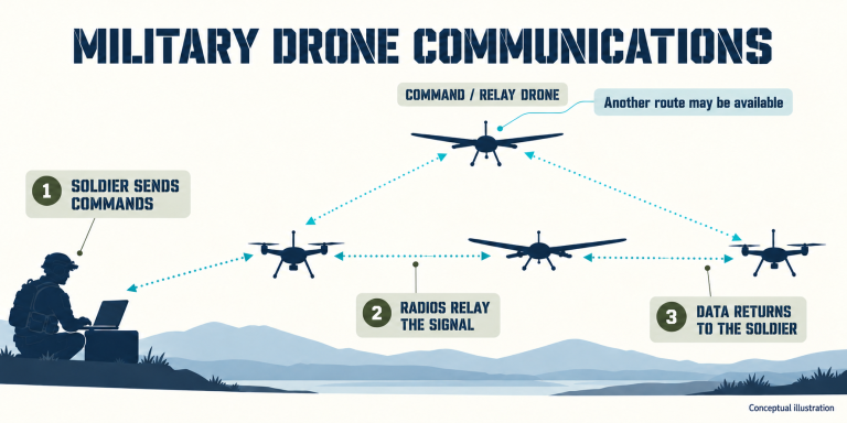 Conceptual diagram showing a helmeted soldier using a laptop, three lower drones and an upper command/relay drone connected by dotted two-way communication links. Labels explain commands, radio relaying and returning data.
