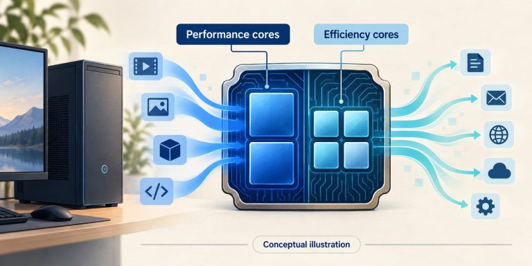 Conceptual illustration of performance cores and efficiency cores sharing work in a generic desktop processor; not an actual chip layout.