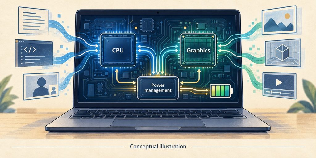 Conceptual illustration of a generic laptop coordinating CPU, graphics and power management; not an actual Panther Lake chip layout.