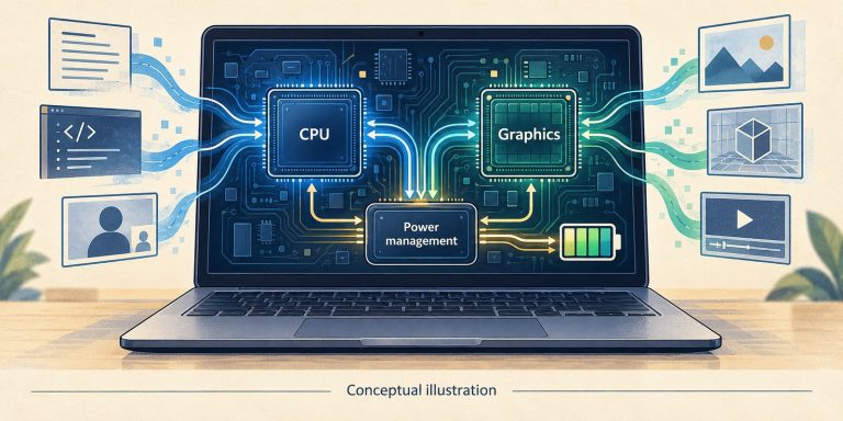 Conceptual illustration of a generic laptop coordinating CPU, graphics and power management; not an actual Panther Lake chip layout.