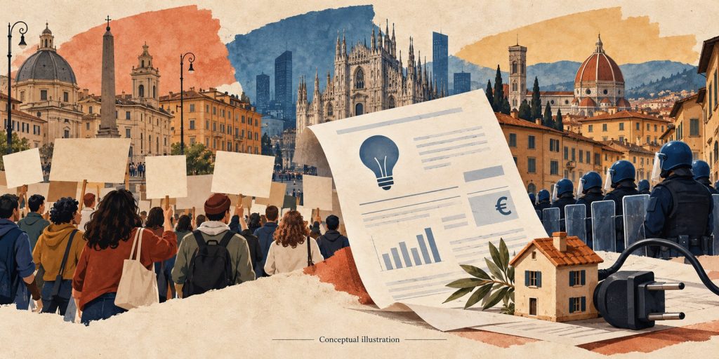 Conceptual illustration of peaceful marchers, an electricity bill and a separate police cordon in a generic Italian urban setting.