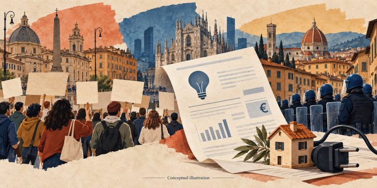 Conceptual illustration of peaceful marchers, an electricity bill and a separate police cordon in a generic Italian urban setting.