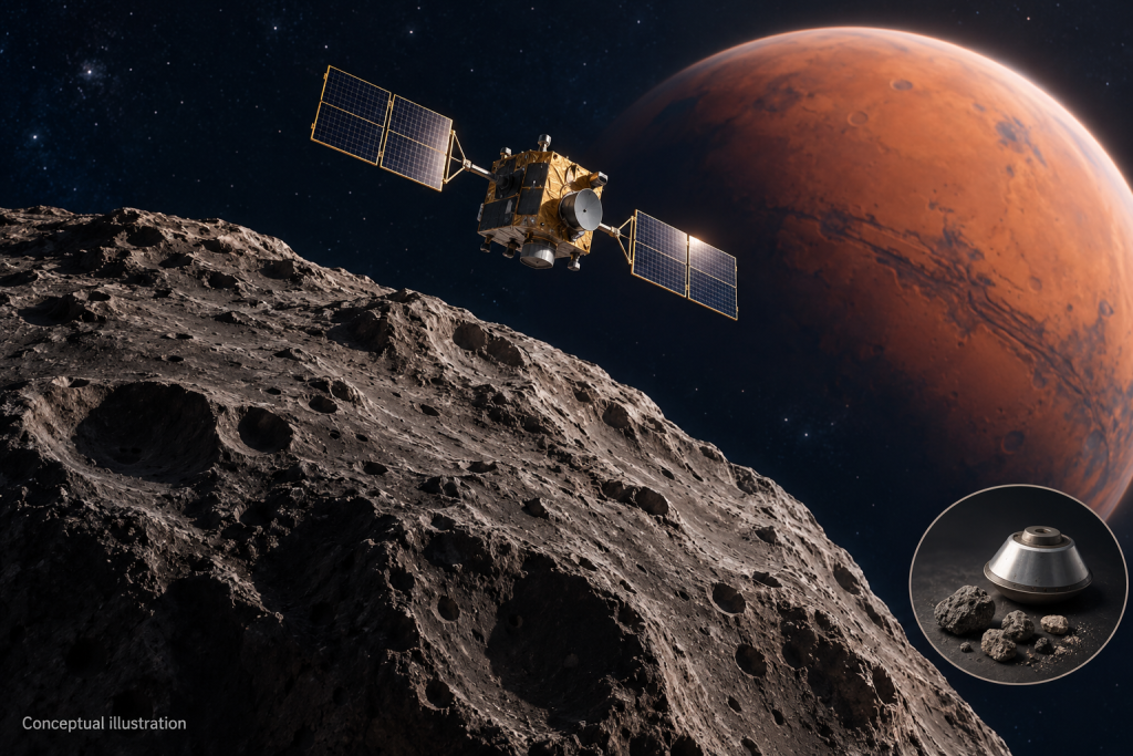 Conceptual illustration of a generic solar-powered spacecraft near cratered Phobos, with Mars behind it and an inset showing a sample capsule and rock fragments.