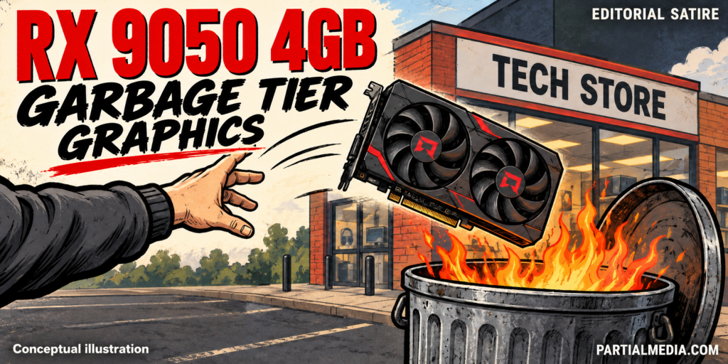 Conceptual illustration: editorial satire labeled Garbage Tier Graphics, showing a generic Radeon-style card tossed into a flaming trash can outside a fictional tech store; not an actual RX 9050 photograph or fire-safety claim.