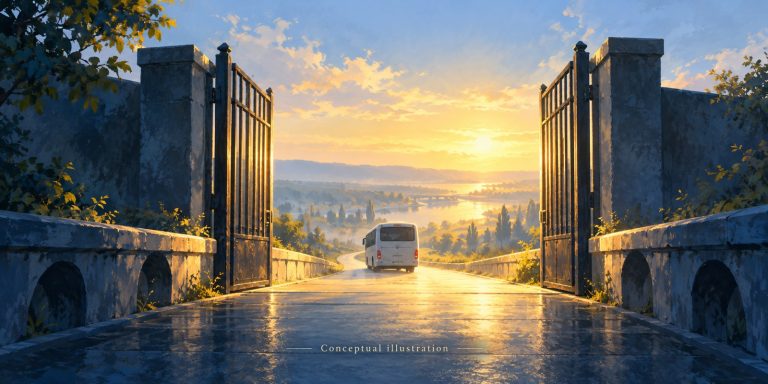 Conceptual illustration of open gates, a passage into daylight and a plain civilian bus representing return through a prisoner exchange.
